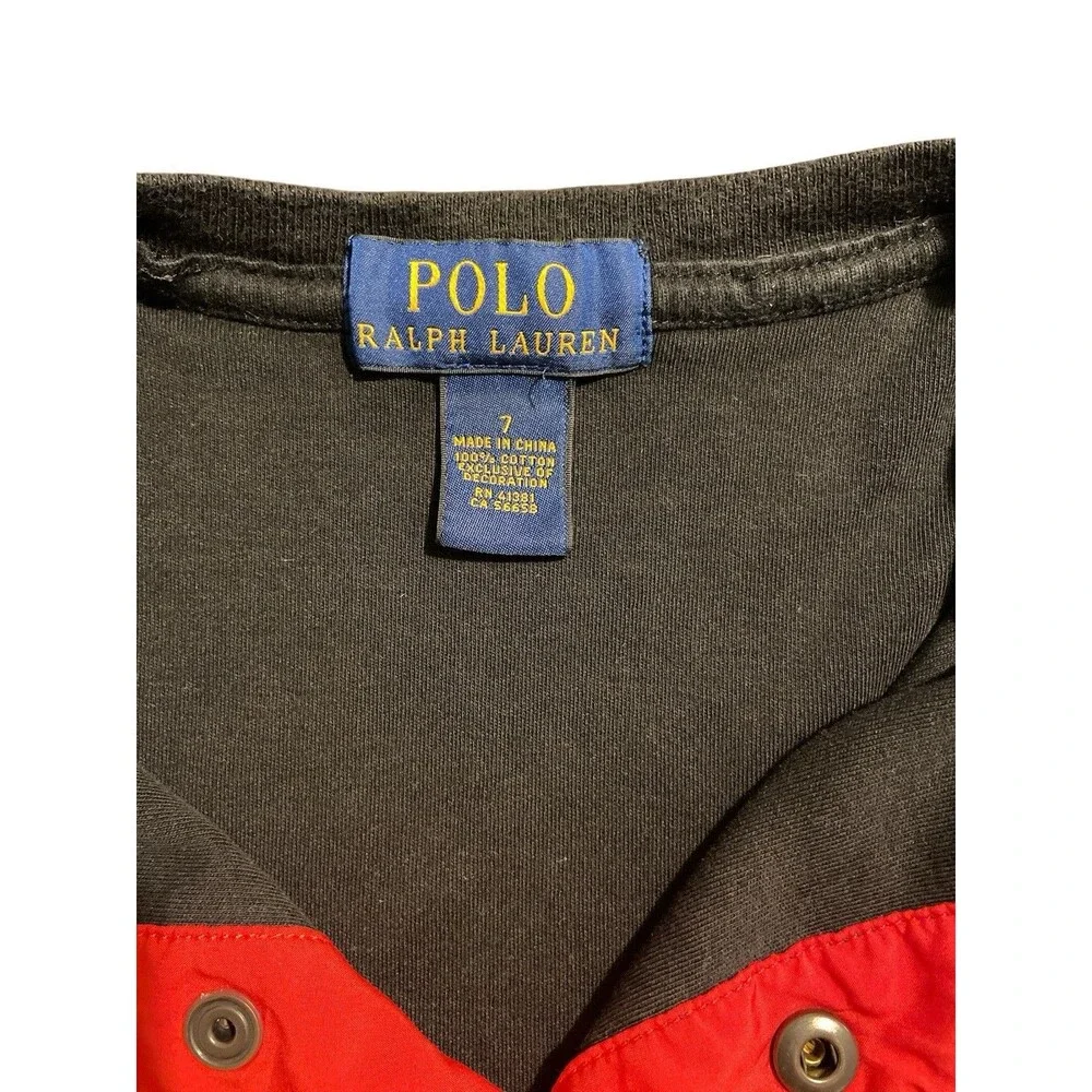Polo Ralph Lauren Boys Sz 7 Black Henley‎ Shirt Red Trim Long Sleeve Elbow Patch - Picture 6 of 7